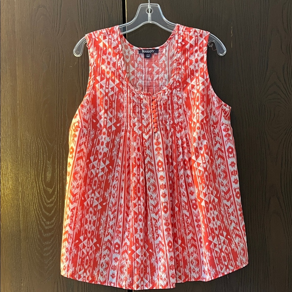 Roaman’s sleeveless coral and white top. Size 14W.